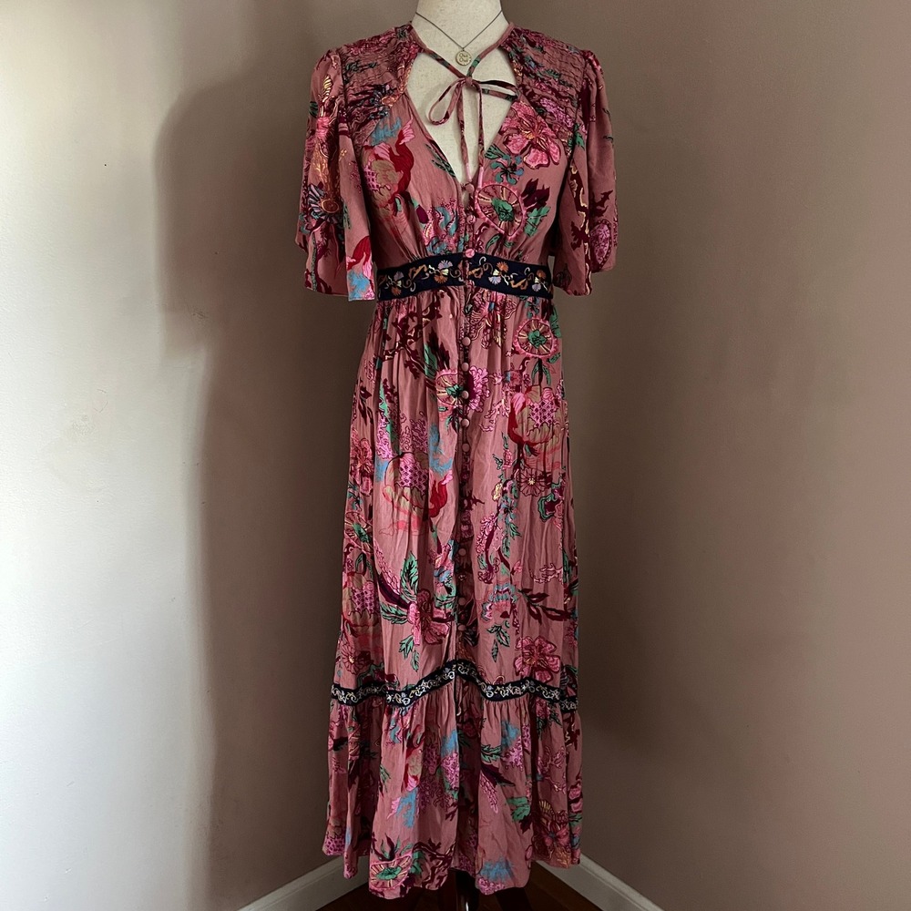 Anthropologie Floral Embroidered Maxi Dress Pink Flutter Sleeve Whimsical XS